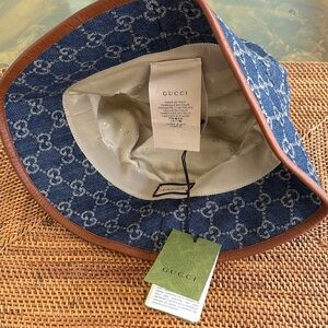 Gucci Navy Monogram Bucket Hat with Brown Trim